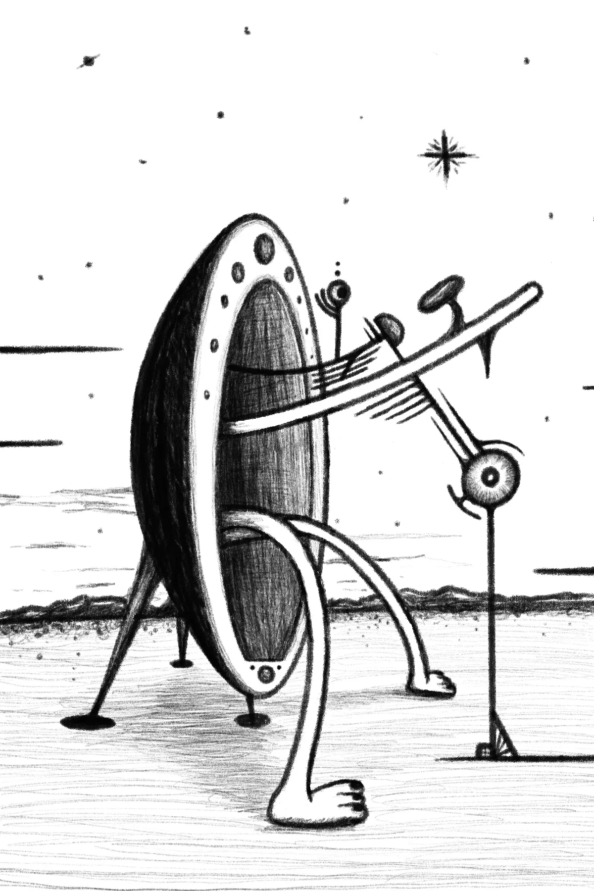 Abstract pencil sketch illustrating a mechanical interaction between a figure with two feet and stylized, geometric objects, set against a starry void.
