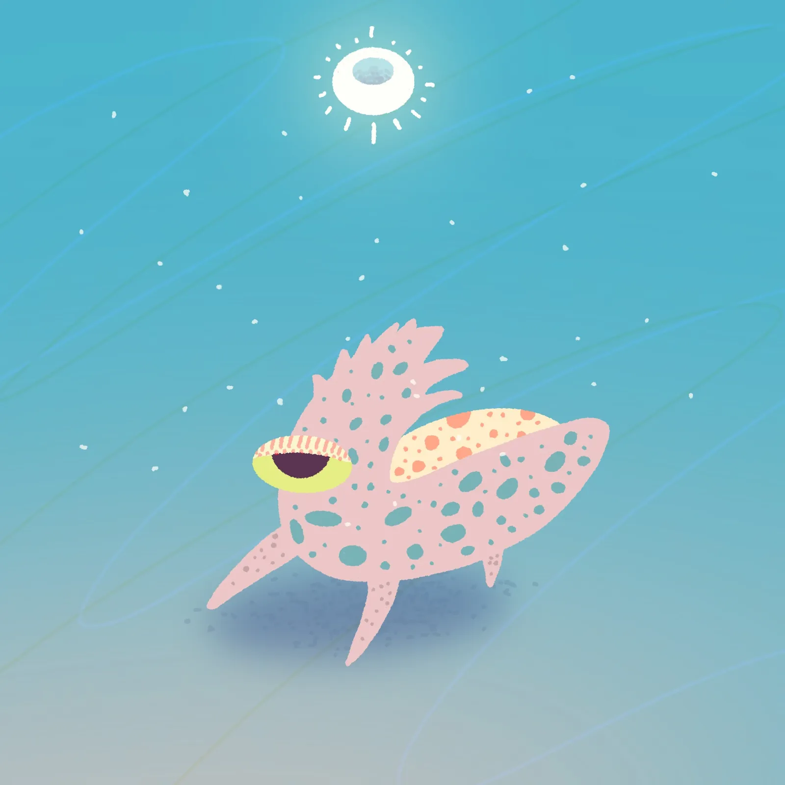 A pink, spotted critter with a large eye swims in a blue field, illuminated by an orb with rays above.
