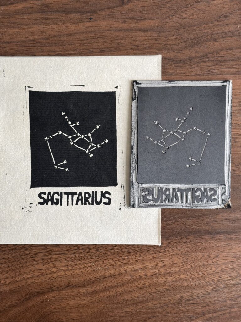 A print of the constellation Sagittarius with it's block.